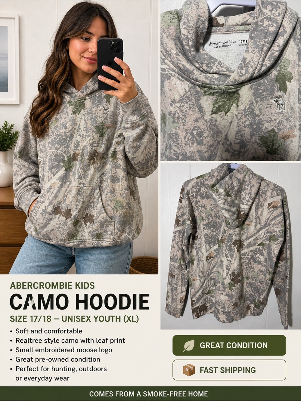 Abercrombie Kids Camo Hoodie Size 17/18 Youth XL Adult Small Streetwear